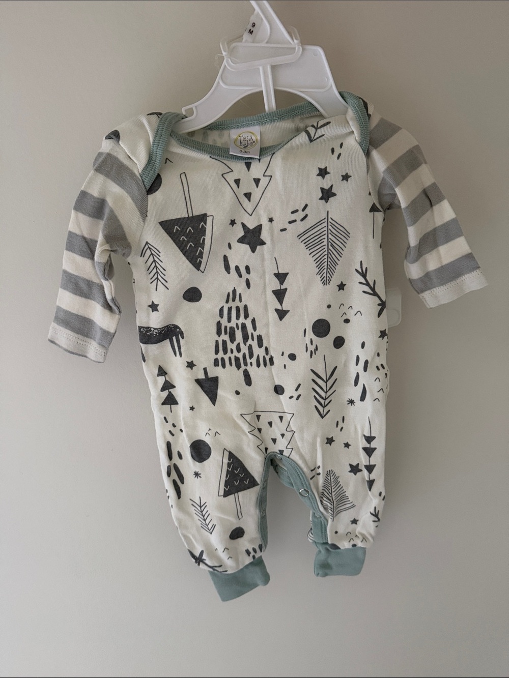 Neutral Graphic Footie One-Piece with Sage Trim